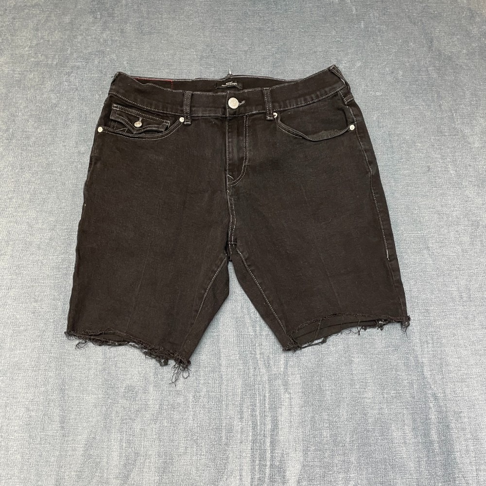 True Religion Ricky Relaxed Straight Bermuda Shorts Mens 35 Black Denim Raw Hem